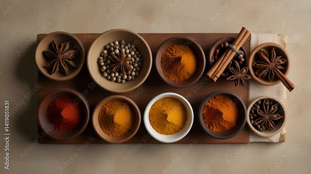 Fototapeta premium minimalist flat lay of assorted spices on rustic surface – top view composition