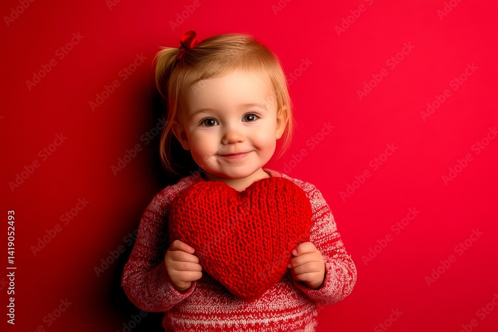 Isolated white toddler girl on red background with knitted heart in hands. Professional studio graphic, copy space. Cute Valentine's Day greeting. Isolated white toddler girl on red background with knitted heart in hands. Professional studio graphic, copy space. Cute Valentine's Day greeting.