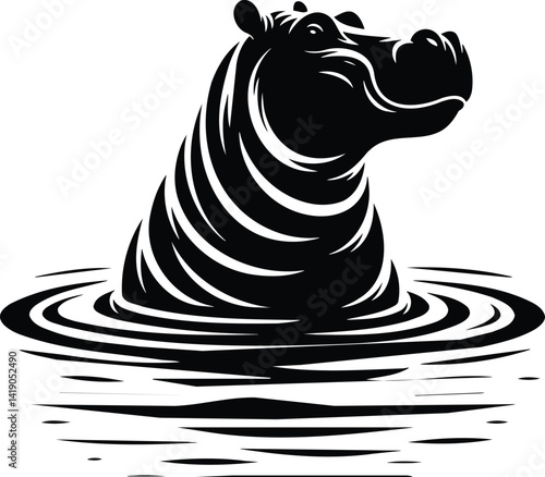 Hippo Silhouette Emerging from Water with Ripples