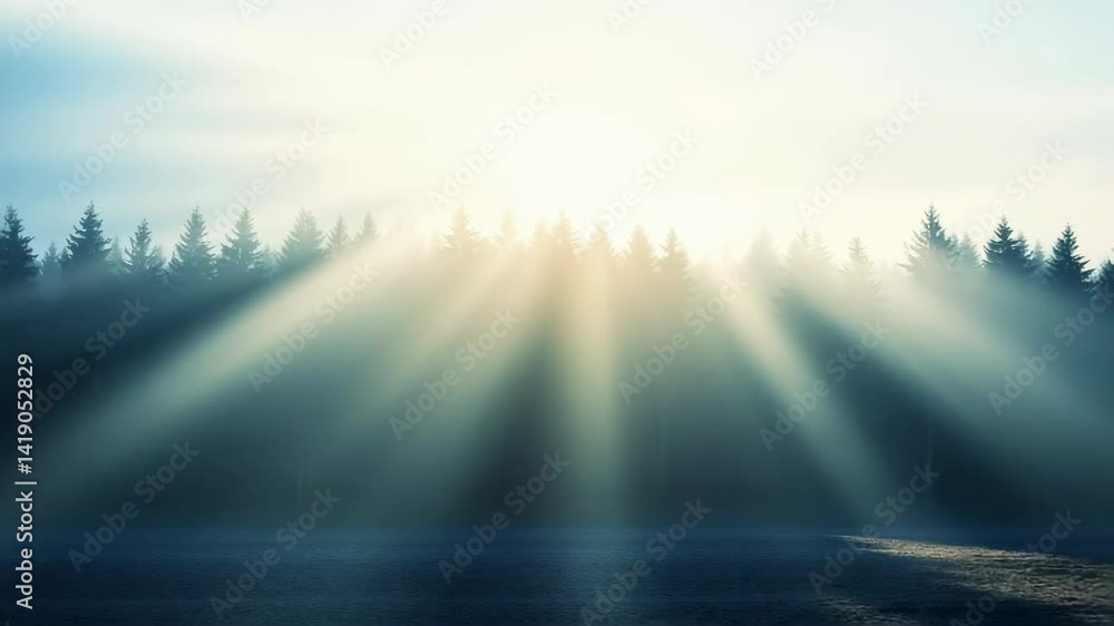Sunrise illuminates forest with soft rays cascading through trees in tranquil morning glow Sunrise illuminates forest with soft rays cascading through trees in tranquil morning glow