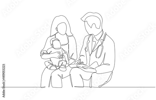 Continuous one line drawing of mother holding baby on lap and talking to pediatrician, doctor and pediatric patient concept, single line art
