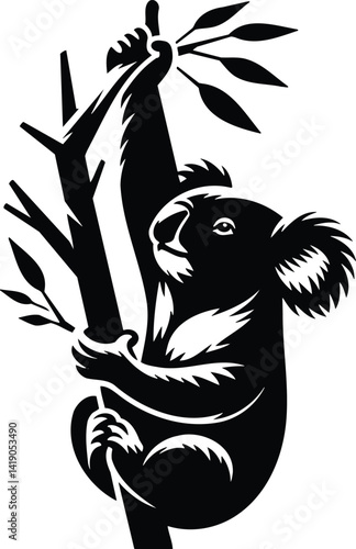 Koala clinging to eucalyptus branch silhouette
