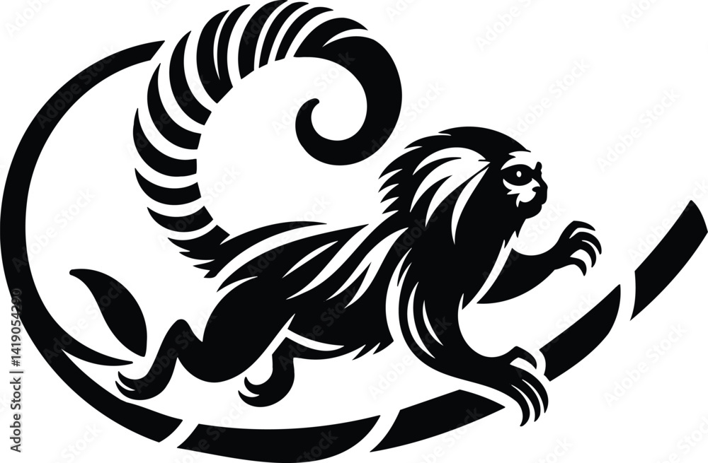 Fototapeta premium Playful marmoset leaps between branches in a bold silhouette