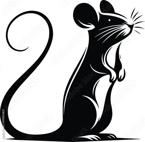 Alert mouse standing silhouette with delicate whiskers and curled tail