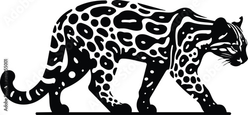 Ocelot prowling silhouette with spotted coat hinted in negative space