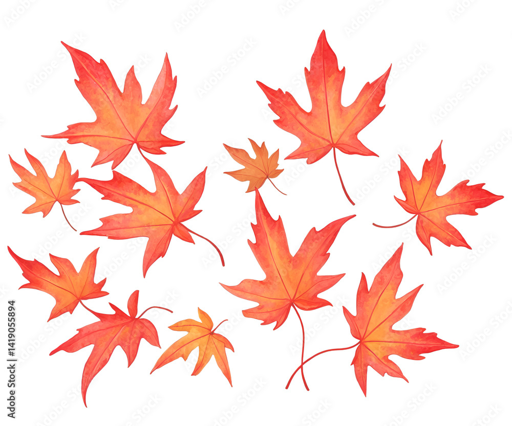 Whimsical Illustration of Swirling Red Maple Leaves, A Vibrant Autumnal Dance Capturing the Essence of Fall Season with Nature's Artistry Whimsical Illustration of Swirling Red Maple Leaves, A Vibrant Autumnal Dance Capturing the Essence of Fall Season with Nature's Artistry