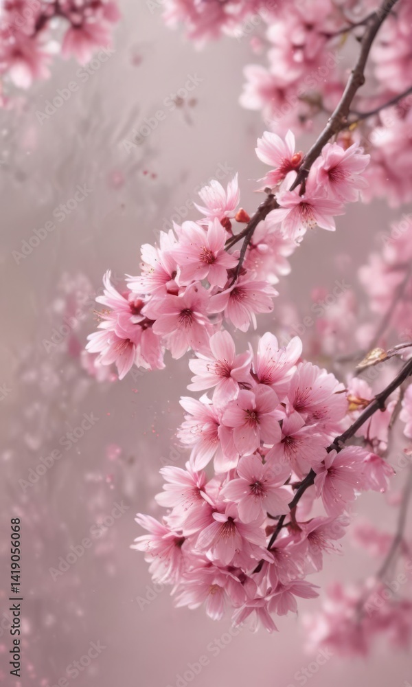 Obraz premium Abstract pink sakura petals softly falling against a dreamy, blurred background , magic, tranquility