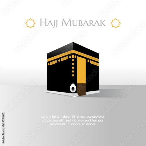 Hajj Mubarak and Eid al-Adha celebration featuring the Ka'bah with a white background and ornamental accents. A serene and spiritual illustration symbolizing the pilgrimage and sacrifice.