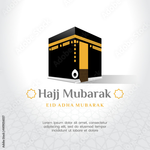 Hajj Mubarak and Eid al-Adha celebration featuring the Ka'bah with a white background and ornamental accents. A serene and spiritual illustration symbolizing the pilgrimage and sacrifice.