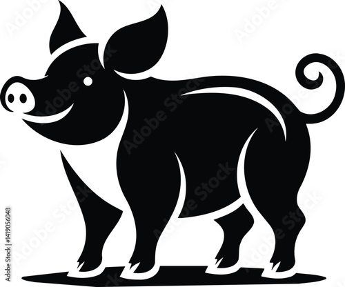 Playful pig standing silhouette with perky ears and curved tail