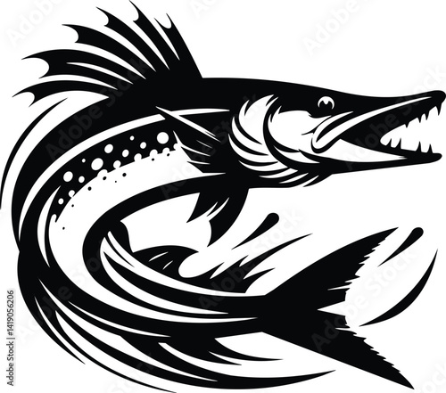 Pike Fish Silhouette in Striking Pose Vector Illustration
