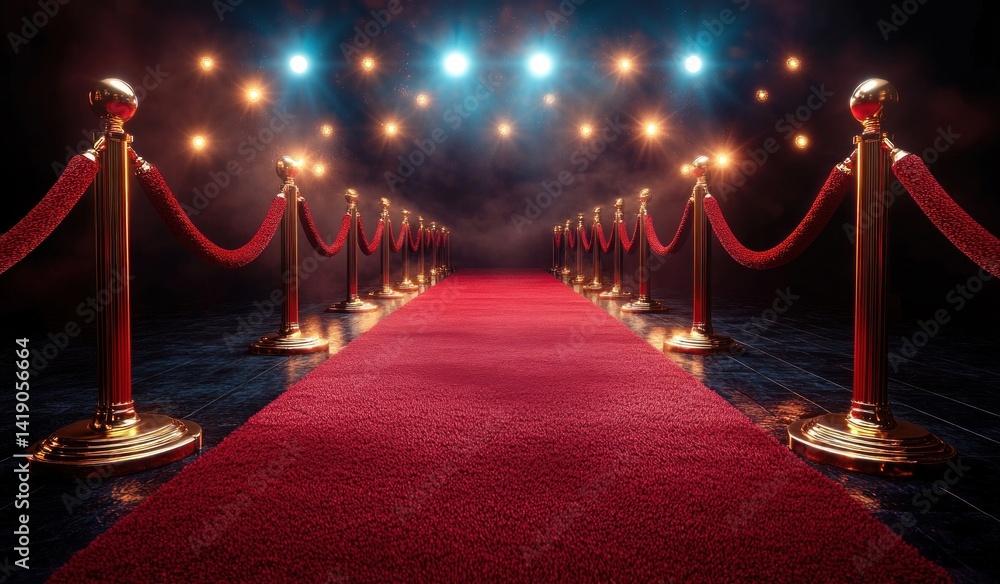Luxurious red carpet event with golden stanchions and velvet ropes cinematic lighting spotlight dark background photorealistic symmetrical composition Luxurious red carpet event with golden stanchions and velvet ropes cinematic lighting spotlight dark background photorealistic symmetrical composition