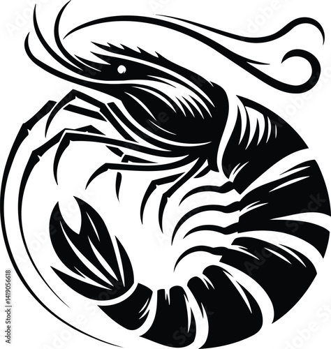 Dynamic curling prawn silhouette with elegant antennae