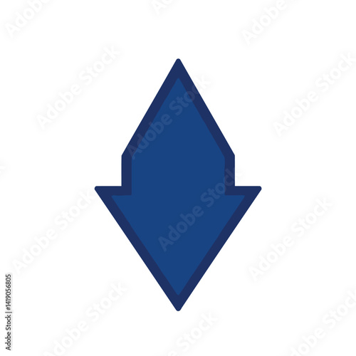 Vector illustration of a download arrow.  Navy blue with black outline, geometric design, isolated on white background.  Clean, symmetrical, and visually clear