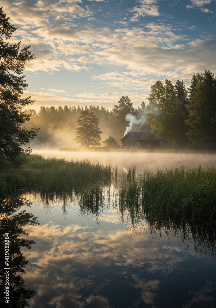 Fototapeta premium Misty Sunrise Over a Calm Lake with a Cabin