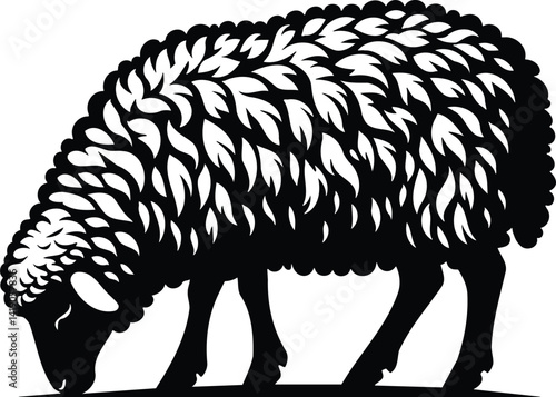 Sheep Silhouette with Fluffy Wool Grazing Gently