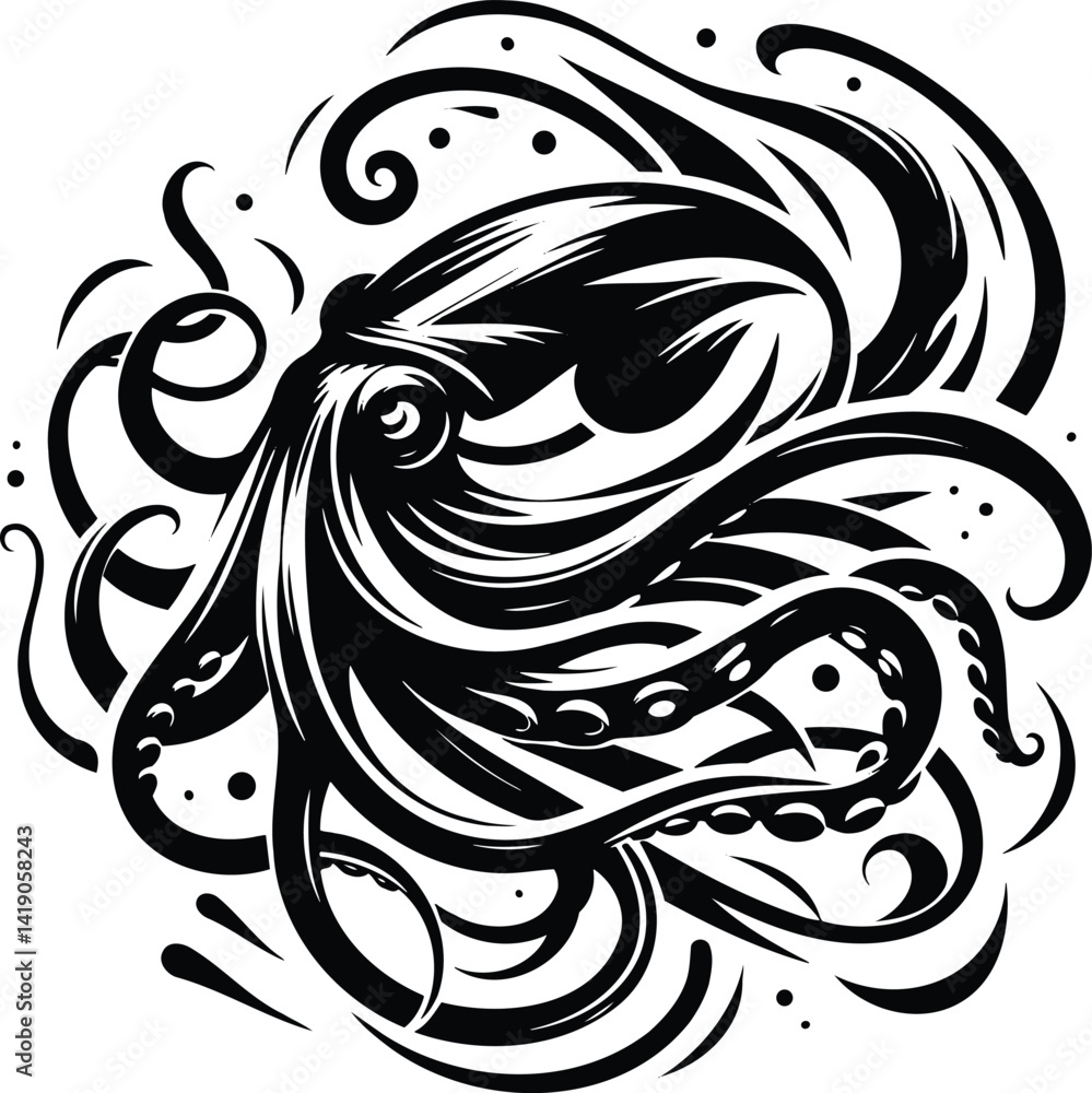 Obraz premium Graceful Squid Silhouette with Dynamic Swirling Tentacles