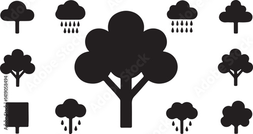 A striking black silhouette of a stylized tree with birds and rains effect perched on its branches against a plain white background.