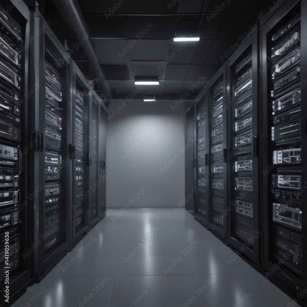Brightly lit server room with advanced IT equipment, cybersecurity, performance, modern Brightly lit server room with advanced IT equipment, cybersecurity, performance, modern