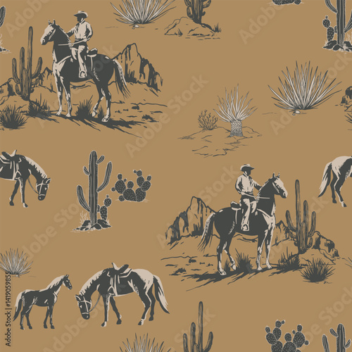 Cute Rodeo Cowboys seamless vector pattern. desert landscape with cacti repeating background. Wild West surface pattern design for All fabric and Prints