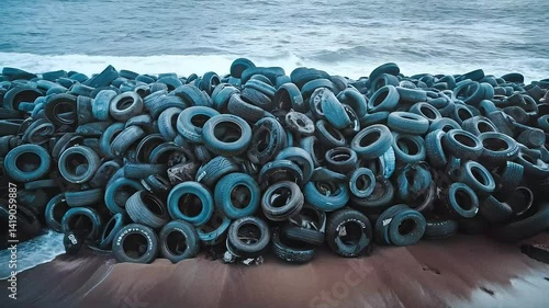 Ocean waves wash over countless discarded old tires polluting a sandy beach environment