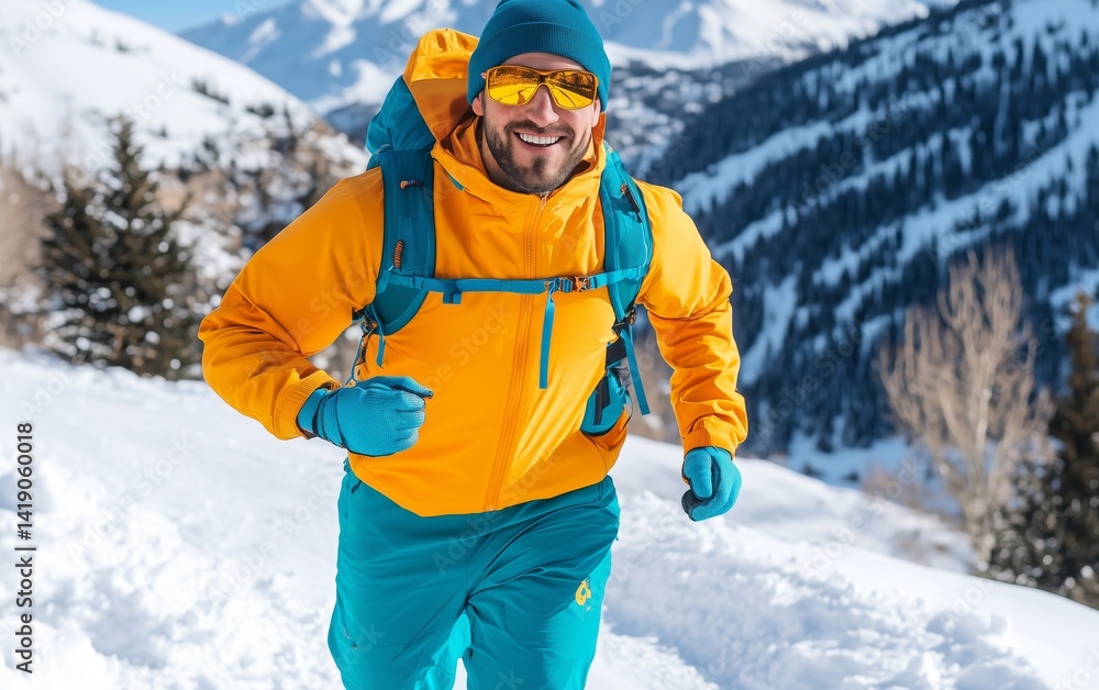 Adventurous Man Running Through Snowy Mountains. Enjoying Winter Sports in the Great Outdoors. A Happy and Active Lifestyle. Perfect for Winter Sports Enthusiasts. Adventurous Man Running Through Snowy Mountains. Enjoying Winter Sports in the Great Outdoors. A Happy and Active Lifestyle. Perfect for Winter Sports Enthusiasts.