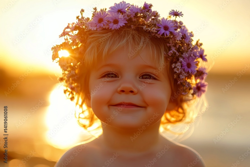 Happy sunny days holidays creative. Golden hour in sunset. Happy caucasian infant boy with blond hair wearing purple flower crown on his head. Outdoor happiness for kids. Summer joy for kids. Happy sunny days holidays creative. Golden hour in sunset. Happy caucasian infant boy with blond hair wearing purple flower crown on his head. Outdoor happiness for kids. Summer joy for kids.