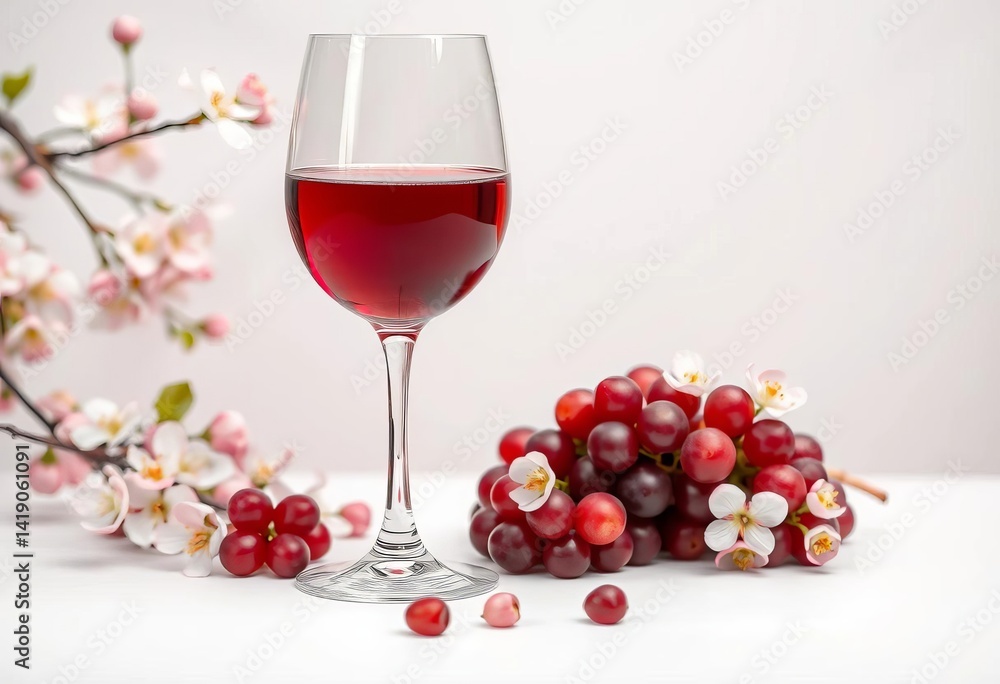 Red wine glass, grapes, spring blossoms, white table, empty space, isolated, springtime Red wine glass, grapes, spring blossoms, white table, empty space, isolated, springtime