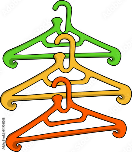 three clothes hangers colored green, yellow, orange