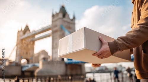 Hand holding plain cardboard box with London's Tower Bridge background, symbolizing global e-commerce delivery and international shipping from South America to worldwide markets