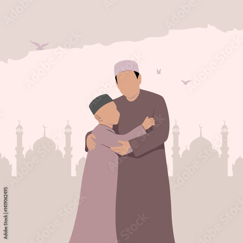 Vector Art of Islamic Eid Mubarak Celebration for Muslim Traditions, Festivals, and Spiritual Meaning Doing Kolakuli 