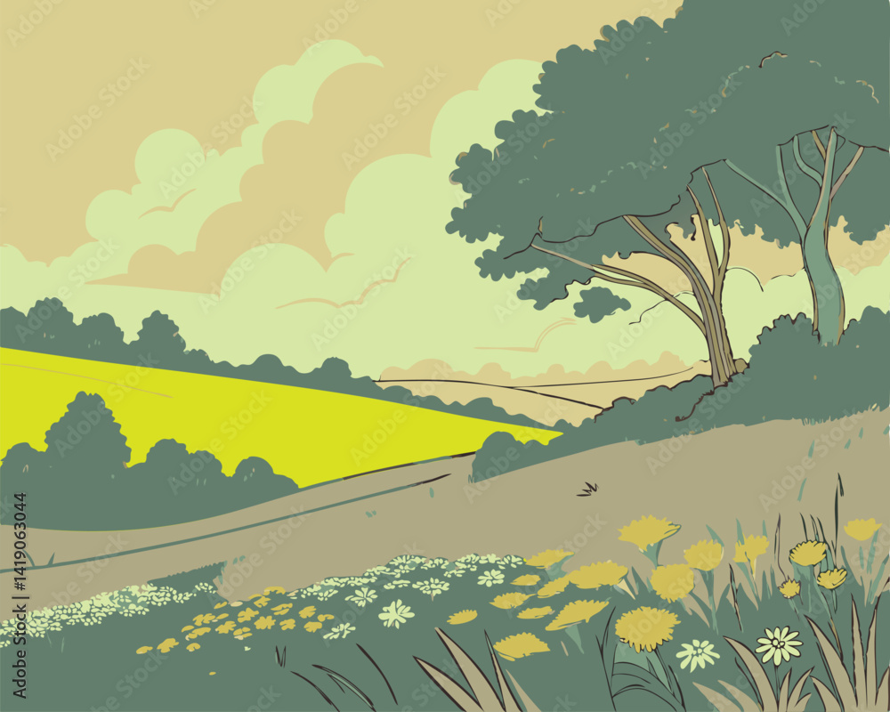 A serene countryside path winds through a vibrant meadow surrounded by lush forest under a dreamy, cloud-filled sky.