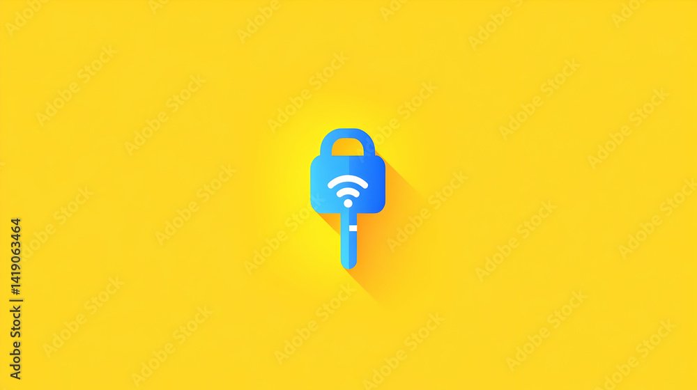The future of access: a digital key unlocks seamless entry on a vibrant yellow background with a long shadow. The future of access: a digital key unlocks seamless entry on a vibrant yellow background with a long shadow.