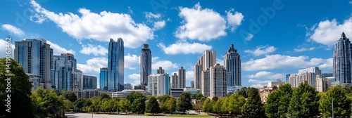 Atlanta skyline on a clear day with puffy clouds