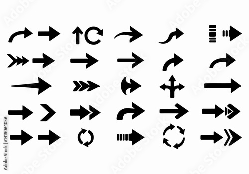 Collection of Black Arrow Vector Icons. A compilation of twenty-four distinct black arrow icons, each with a unique style and direction, presented in a grid format on a white background.