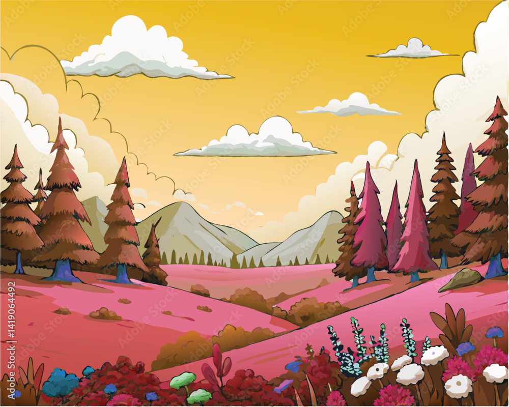 A dreamy cartoon valley at sunset with pink hills, vibrant flowers, and reddish pine trees under a soft golden sky.