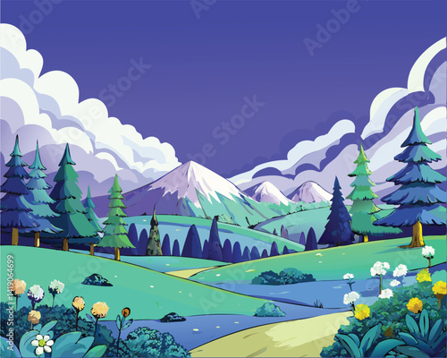 A vibrant and whimsical landscape featuring colorful flowers, lush meadows, towering pine trees, and majestic mountains under a dramatic cloud-filled sky.