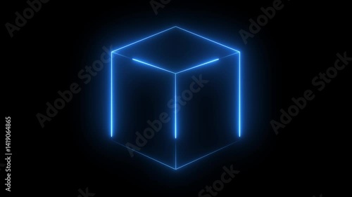 Abstract background, cube box with glowing neon lines on black background. Neon 3d square box stroke icon. Square box with bright.