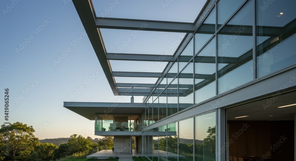Fototapeta premium Modern Glass House with Steel Beams and Geometric Design