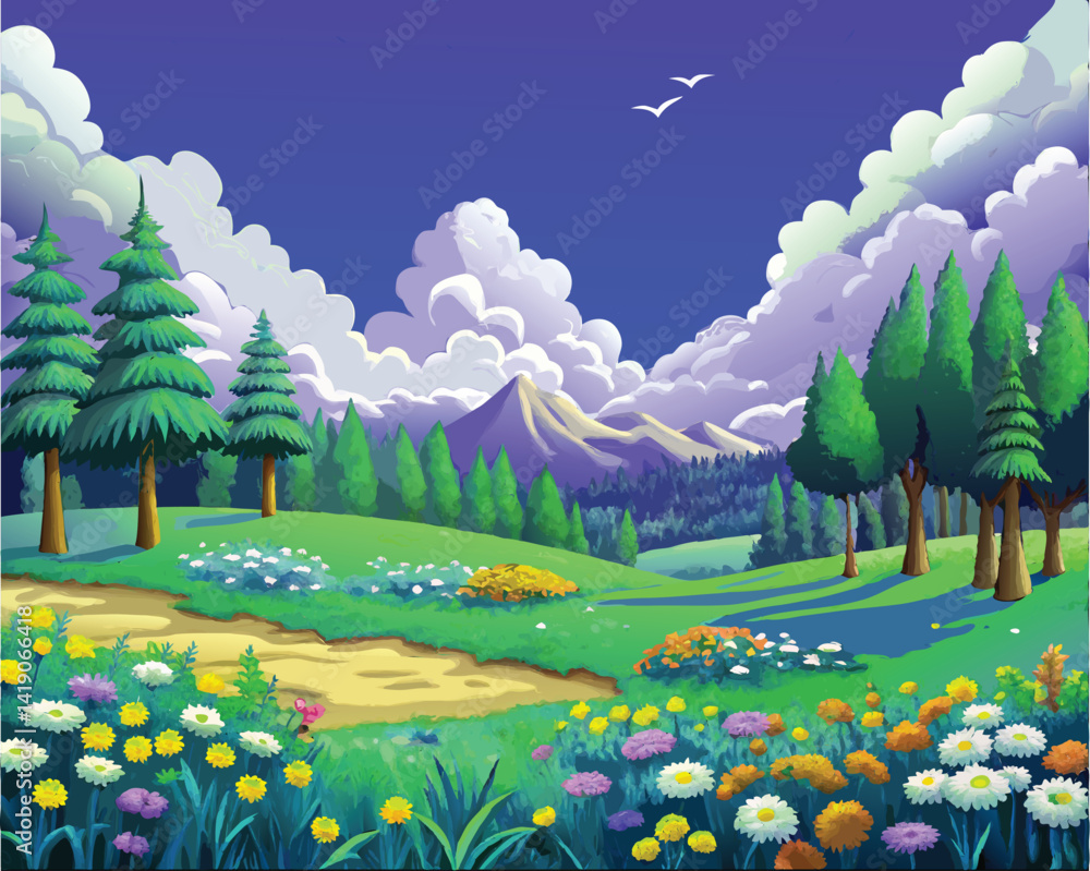 A serene countryside path winds through a vibrant meadow surrounded by lush forest under a dreamy, cloud-filled sky.