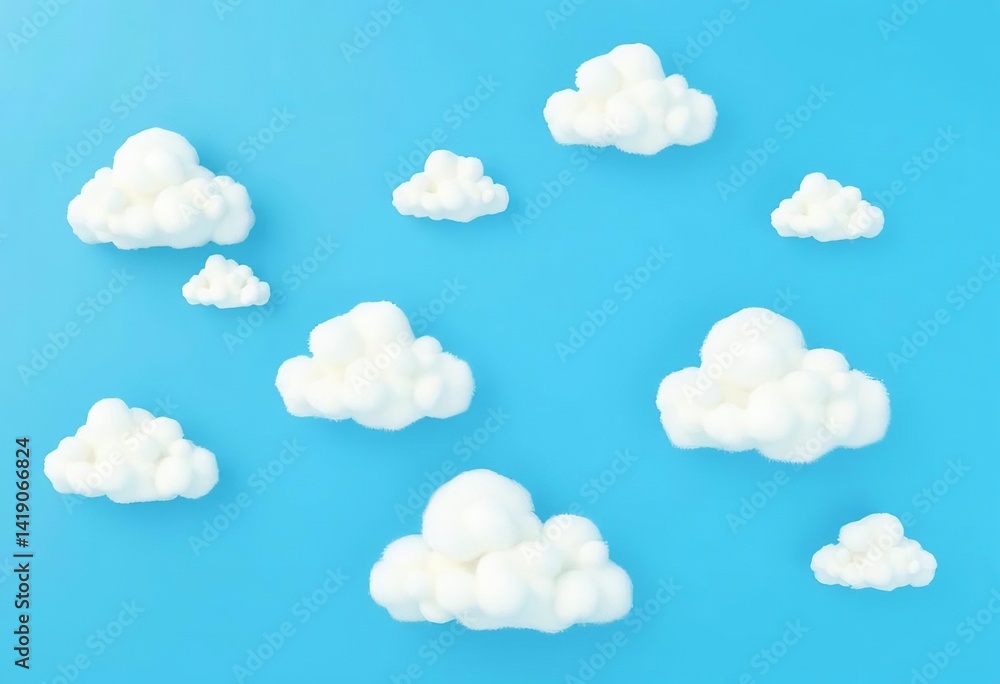 Set of cute, fluffy, white abstract clouds on a blue background Ideal for whimsical designs, artwork, background Set of cute, fluffy, white abstract clouds on a blue background Ideal for whimsical designs, artwork, background