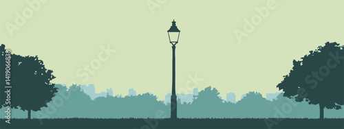 Peaceful urban park scene with silhouettes of trees and a vintage street lamp against a soft pastel backdrop creating a calm atmosphere for relaxation