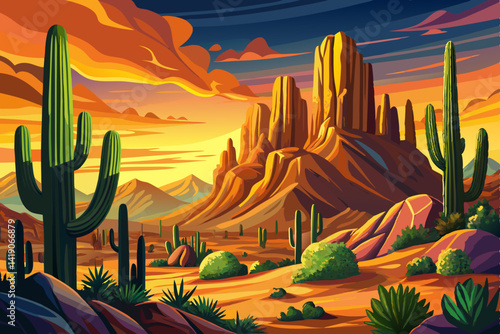 A large saguaro cactus vector dominates this arid Sonoran desert landscape at sunset time with amazing sky and rocks