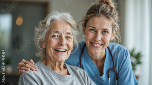 Portrait of happy elderly woman with female caretaker indoors. Care and support of seniors in private clinic hospice nursing house.