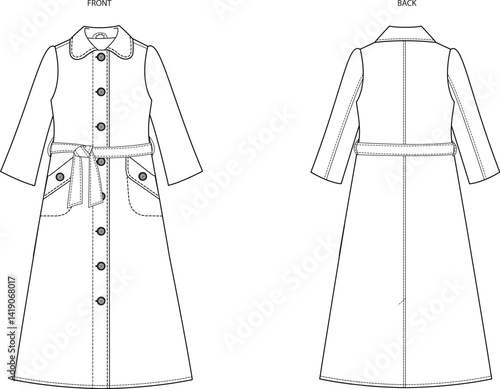 Trench Coat technical fashion Illustration. Classic Trench Coat fashion flat technical drawing template, midi length, pocket, front, back view,women, men, unisex CAD mock up