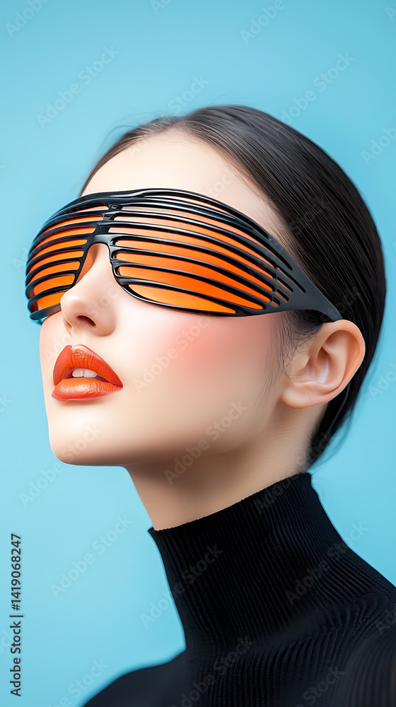 Surreal fashion model with orange shades studio setting high fashion photography vibrant colors close-up viewpoint avant-garde concept Surreal fashion model with orange shades studio setting high fashion photography vibrant colors close-up viewpoint avant-garde concept