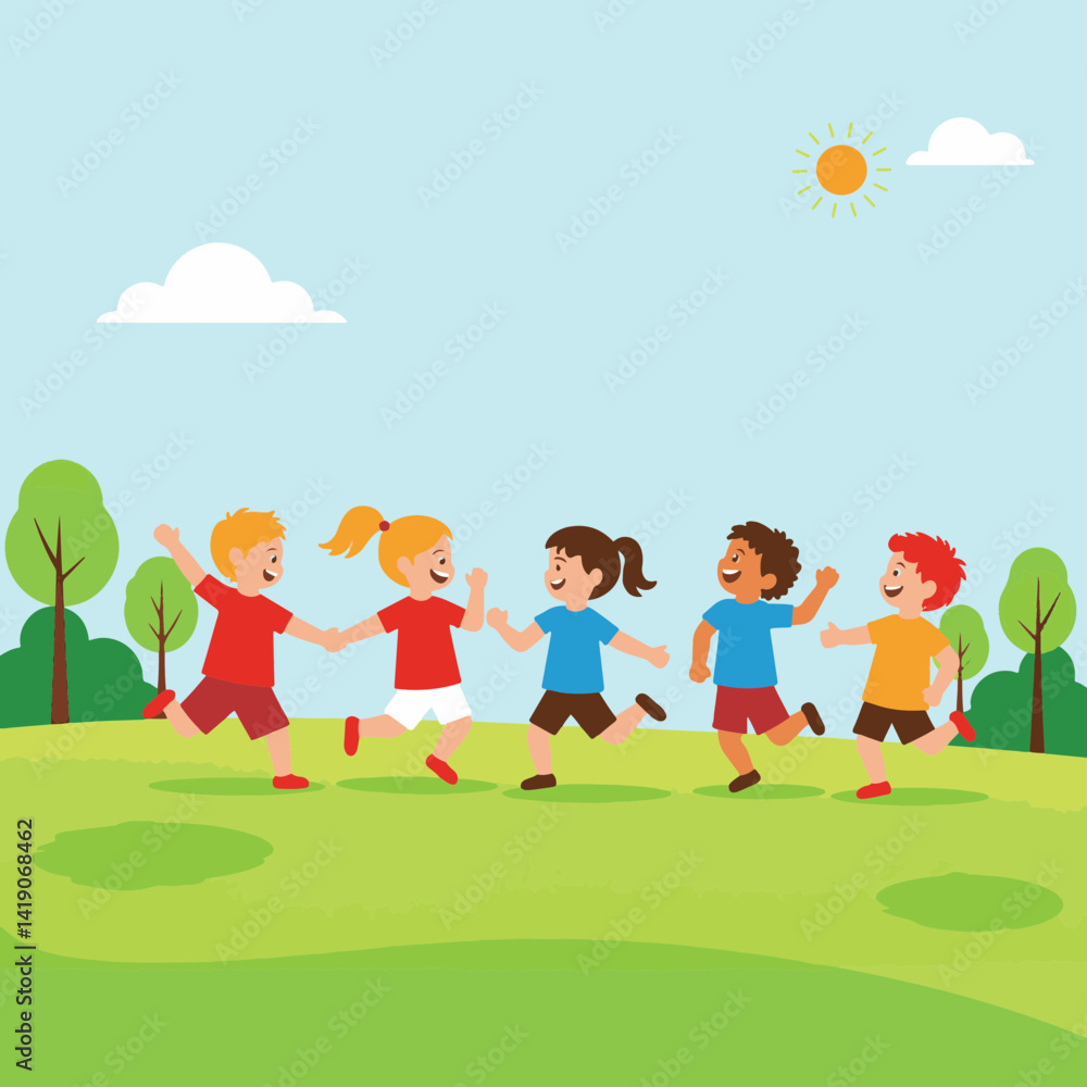 Playful children running in a green field, joy and energy Playful children running in a green field, joy and energy