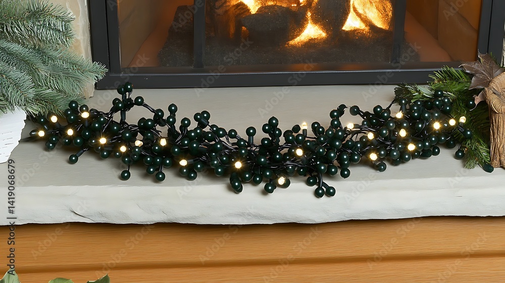 Naklejka premium Illuminated holiday berry garland display on fireplace hearth ambiance