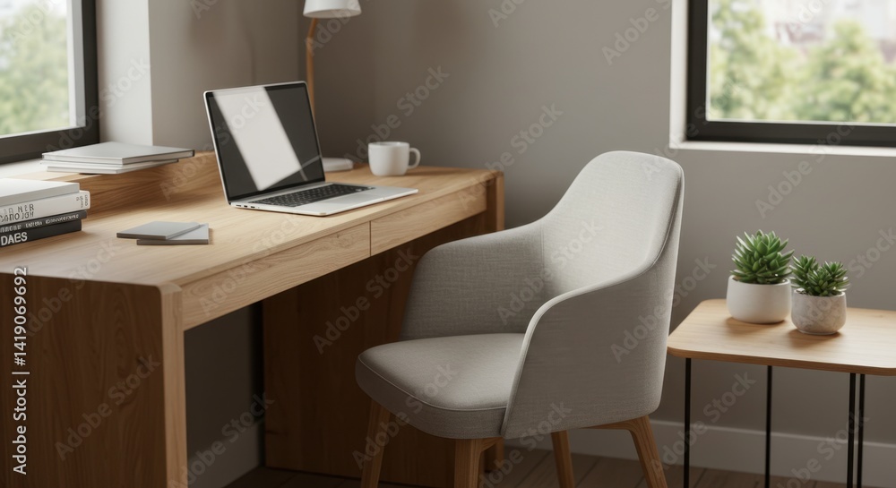 Modern Home Office Workspace with Wooden Desk and Comfortable Chair Modern Home Office Workspace with Wooden Desk and Comfortable Chair