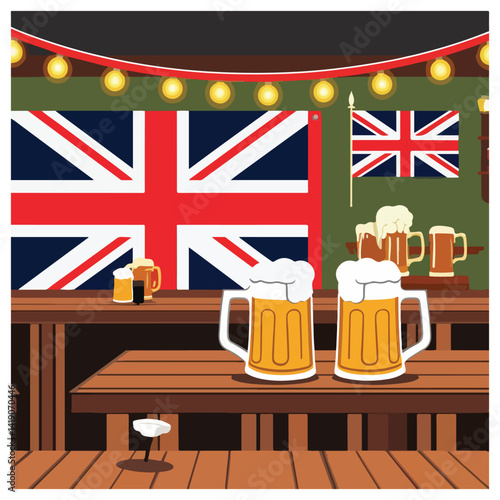 Beer Day Britain Celebration Pack – Vector Illustrations Featuring British Beer Culture, Union Jack, Bar Scenes, Cheers, Party Vibes, UK Map with Beer Icons – Flat and No Gradient